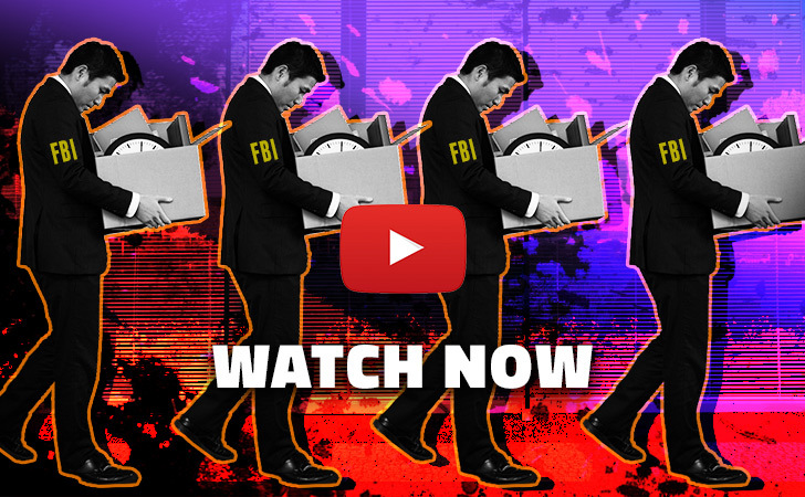 LIne of FBI agents walking with their things in boxes, heads bowed. Over it is a play button and the text Watch Now