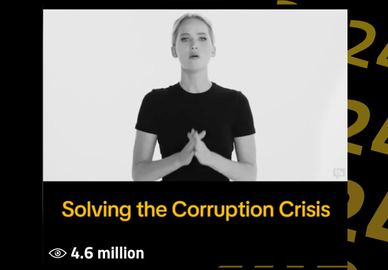 Image of Jennifer Lawrence. Text says Unbreaking America: Solving the Corruption Crisis. Number of views: 4.6 million