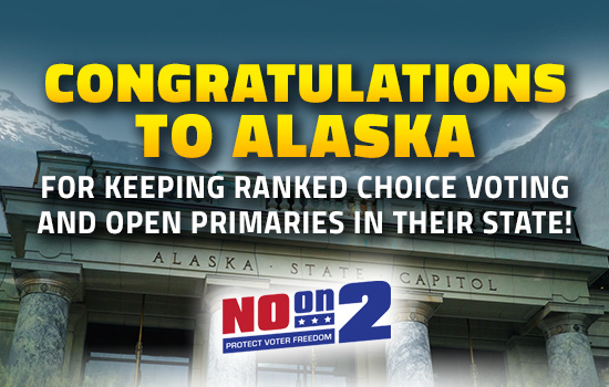 Image of Alaska State Capitol. Text says Congratulations to Alaska for Keeping Ranked Choice Voting in their State