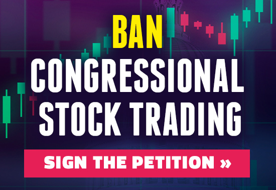 Ban Congressional Stock Trading overlaid on top of a graph of the stock market, with a button to Sign the Petition at the bottom