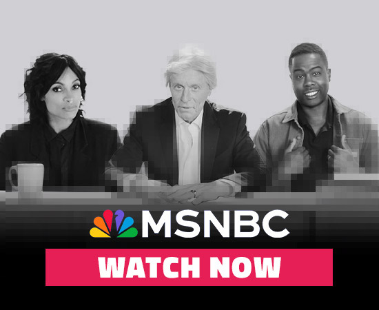 Rosario Dawson, Michael Douglas and Chris Rock sitting at a desk, but are they real or AI generated? NBC News log and text Read the Story