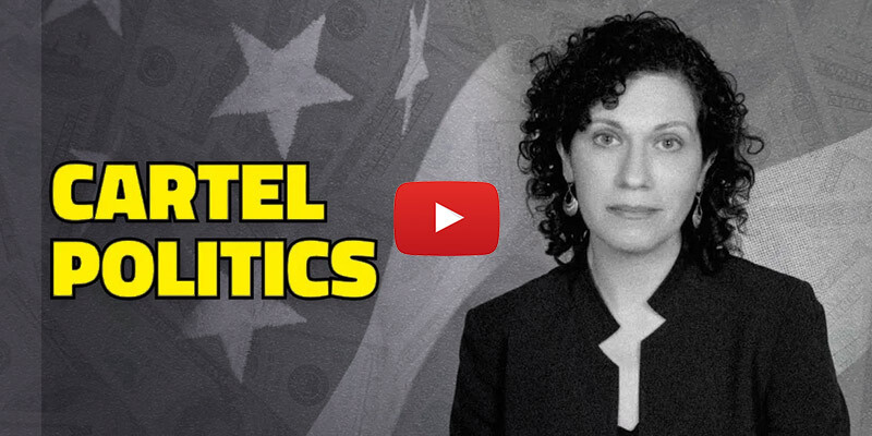 Maria McFarland-Sanchez standing in front of a black and white American flag, with Cartel Politics on the left and a play button