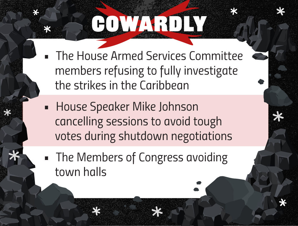 The House Armed Services Committee members refusing to fully investigate the strikes in the Caribbean
House Speaker Mike Johnson cancelling sessions to avoid tough votes during shutdown negotiations
The Members of Congress avoiding town halls