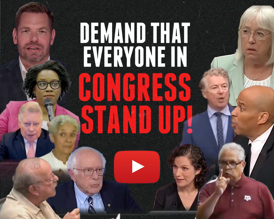 Collage of members of Congress who have stood up to Trump this year with a play button on top