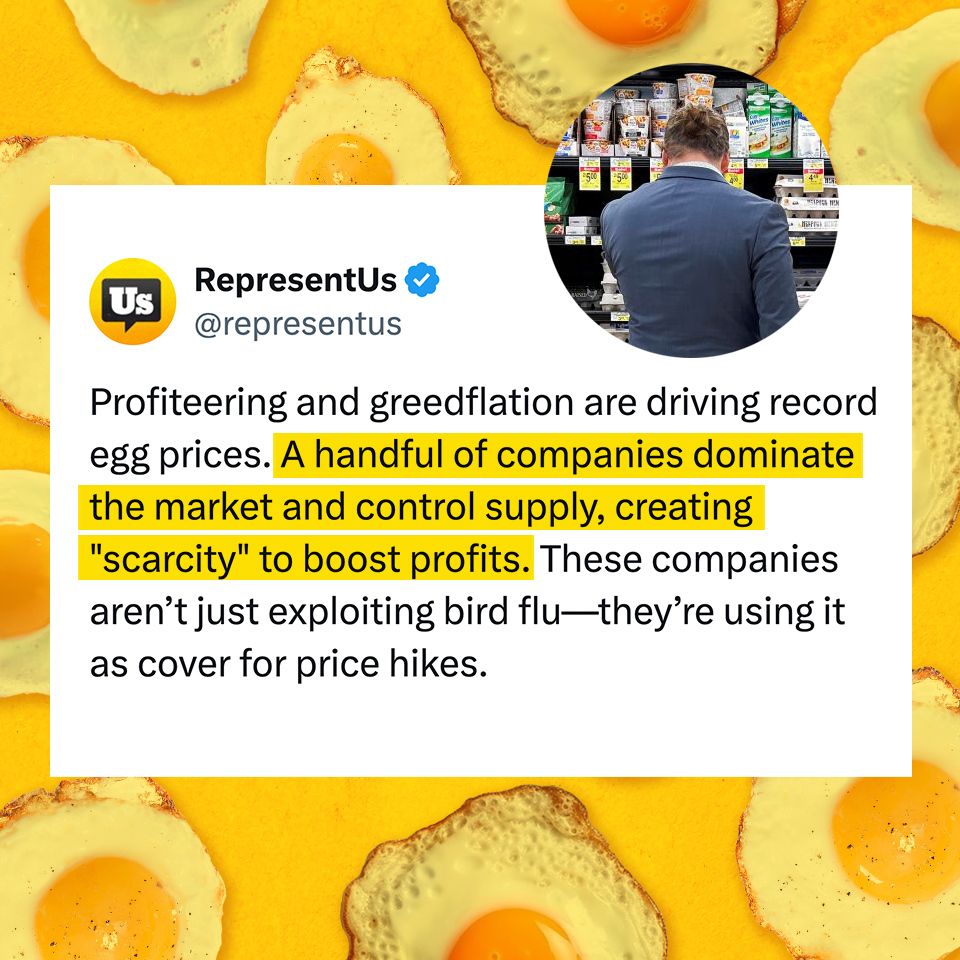 Profiteering and greedflation are driving record egg prices. A handful of companies dominate the market and control supply, creating 'scarcity' to boost profits. These companies aren't just exploiting bird flu-they're using it as cover for price hikes.