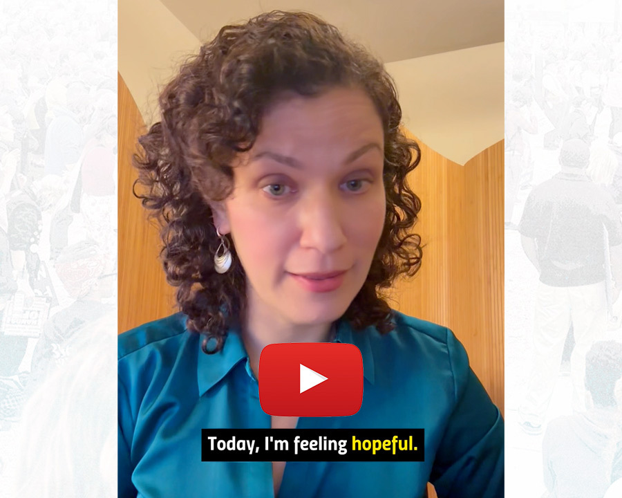 Maria McFarland Sanchez-Moreno's face with a play button and the words Today, I'm feeling hopeful.