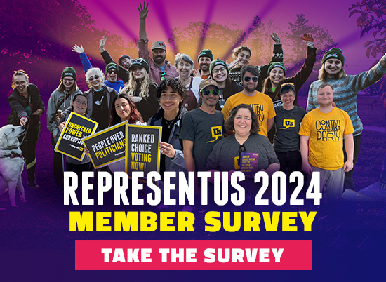 Collage of happy RepresentUs members, Text says RepresentUs 2024 Member Survey, Take the Survey