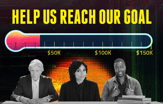 Imagge of thermometer going to $150k, with some of it filled in in red. Above the termometer it says Help Us Reach Our Goal and below the thermometer is an image of Michael Douglas, Rosario Dawson and Chris Rock sitting at a desk.