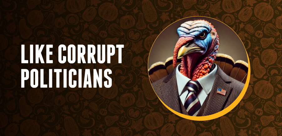 Image of a grumpy looking turkey in a suit and tie. Text says Like Corrupt Politicians