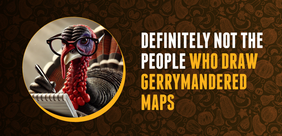 Image of a turkey wearing glasses and a serious expression, holding a pen. Text says Definitely Not the People Who Draw Gerrymandered Maps