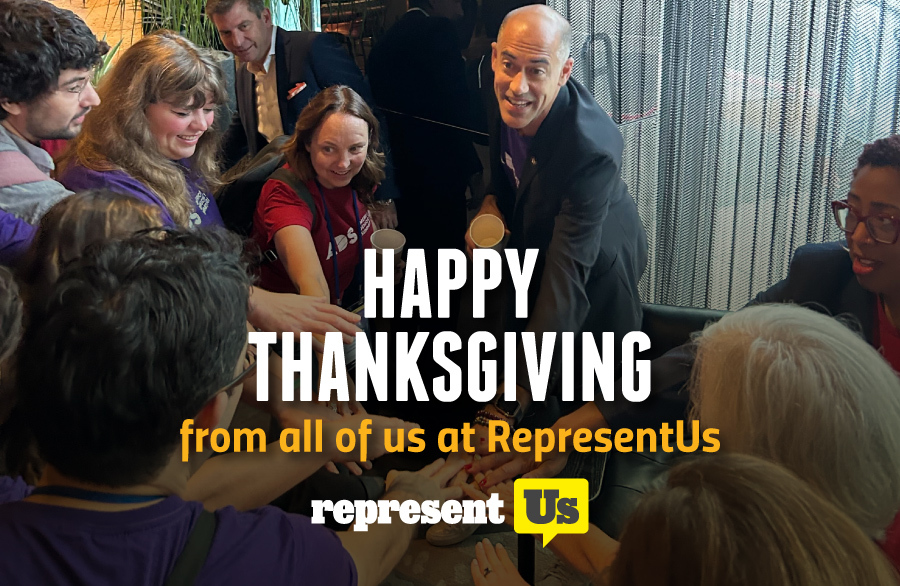 Image of happy staff of RepresentUs. Text says Turkey emoji. Happy Thanksgiving from all of us at RepresentUs. Turkey emoji.