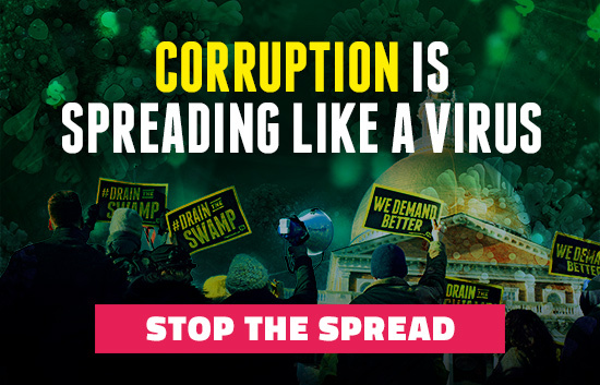 Background of people protesting with signs that say drain the swamp and we demand better, with viruses overlaid. Text at top says Corruption is Spreading Like a Virus and at the bottom it says Stop the Spread